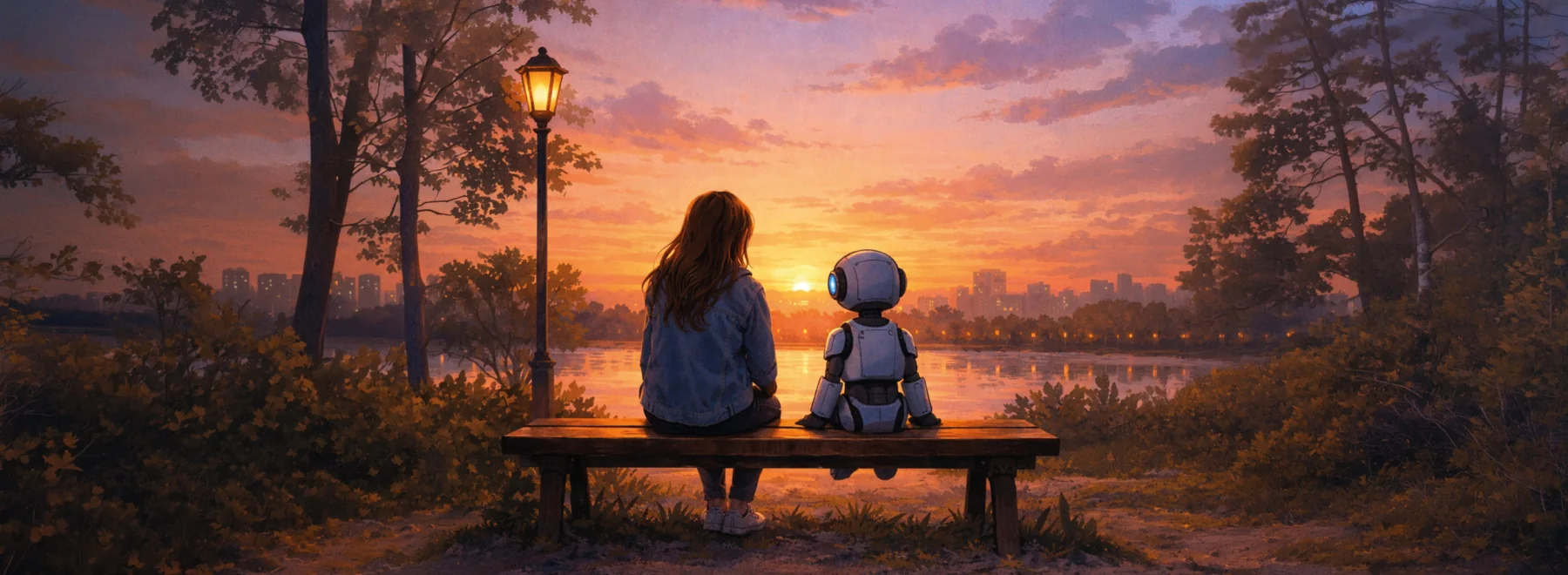 Io e Chris, una donna e un robot osservano il tramonto